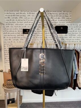 NWT Cavalli Class Black Leather Tote with Logo Plaque